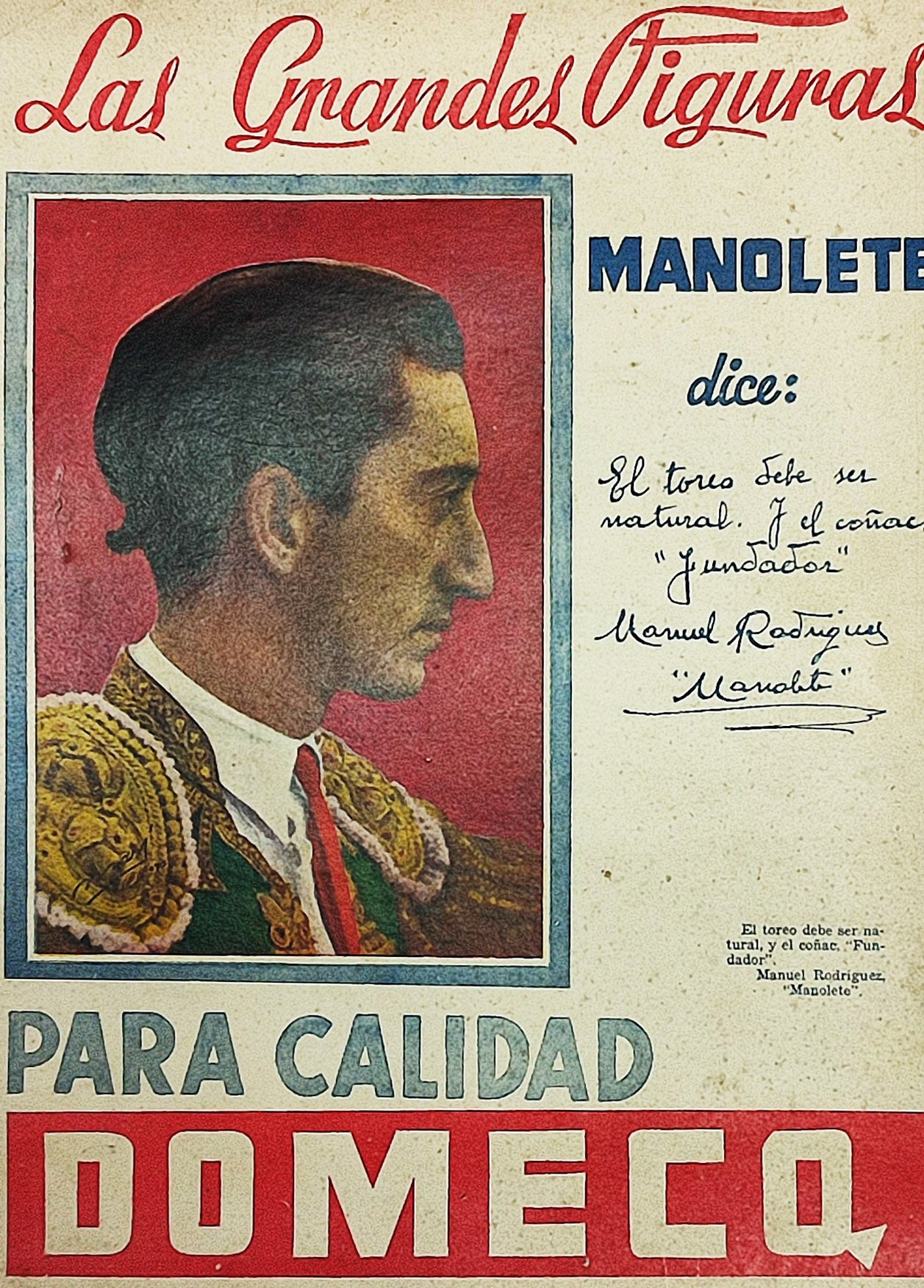 CARTELL PUBLICITARI. TORERO MANOLETE PER A CONYAC DOMECQ. c. 1950