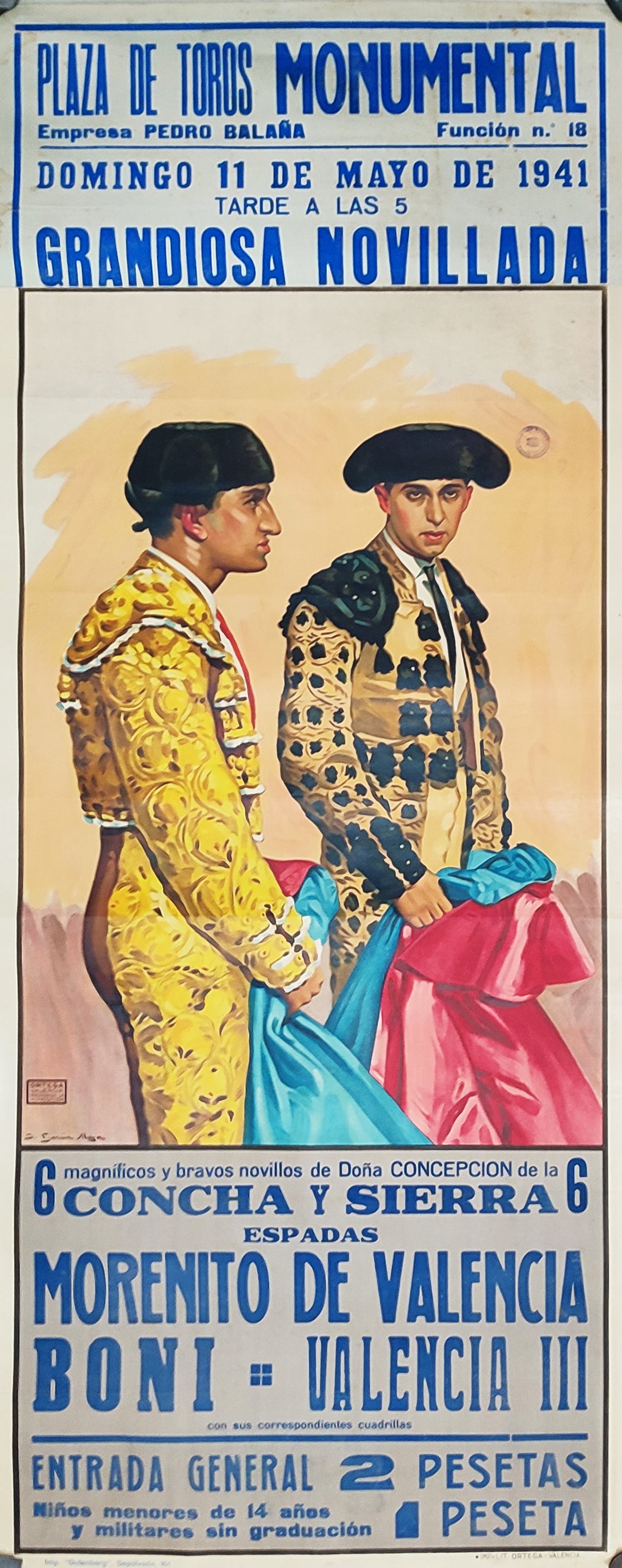 CARTELL CORRIDA. MORENITO DE VALENCIA, BONI, VALENCIA III / LA MONUMENTAL, BARCELONA 1941