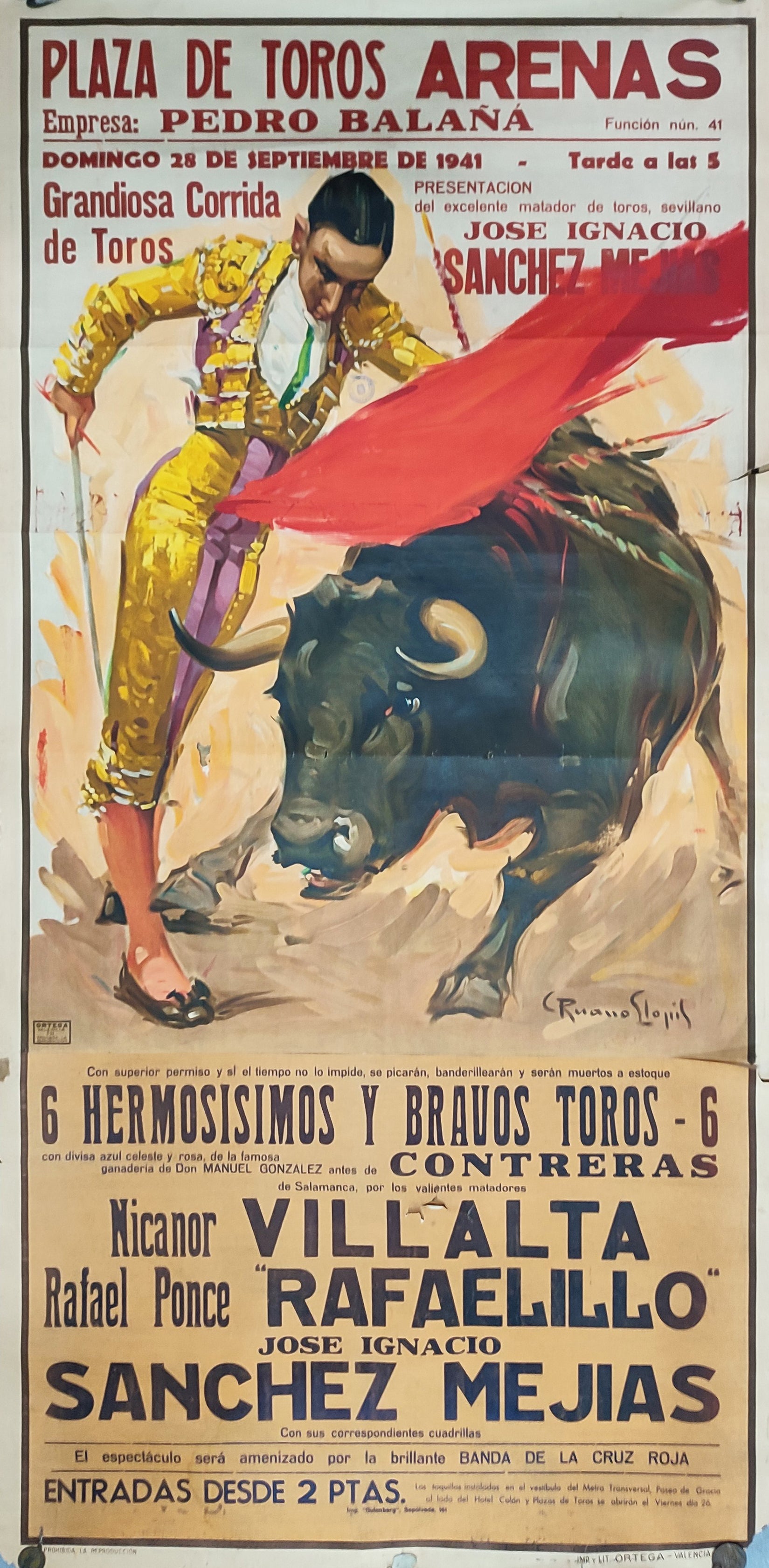 CARTELL CORRIDA_VILLALTA, RAFAELILLO, SÁNCHEZ MEJÍAS / LAS ARENAS, BARCELONA 1941