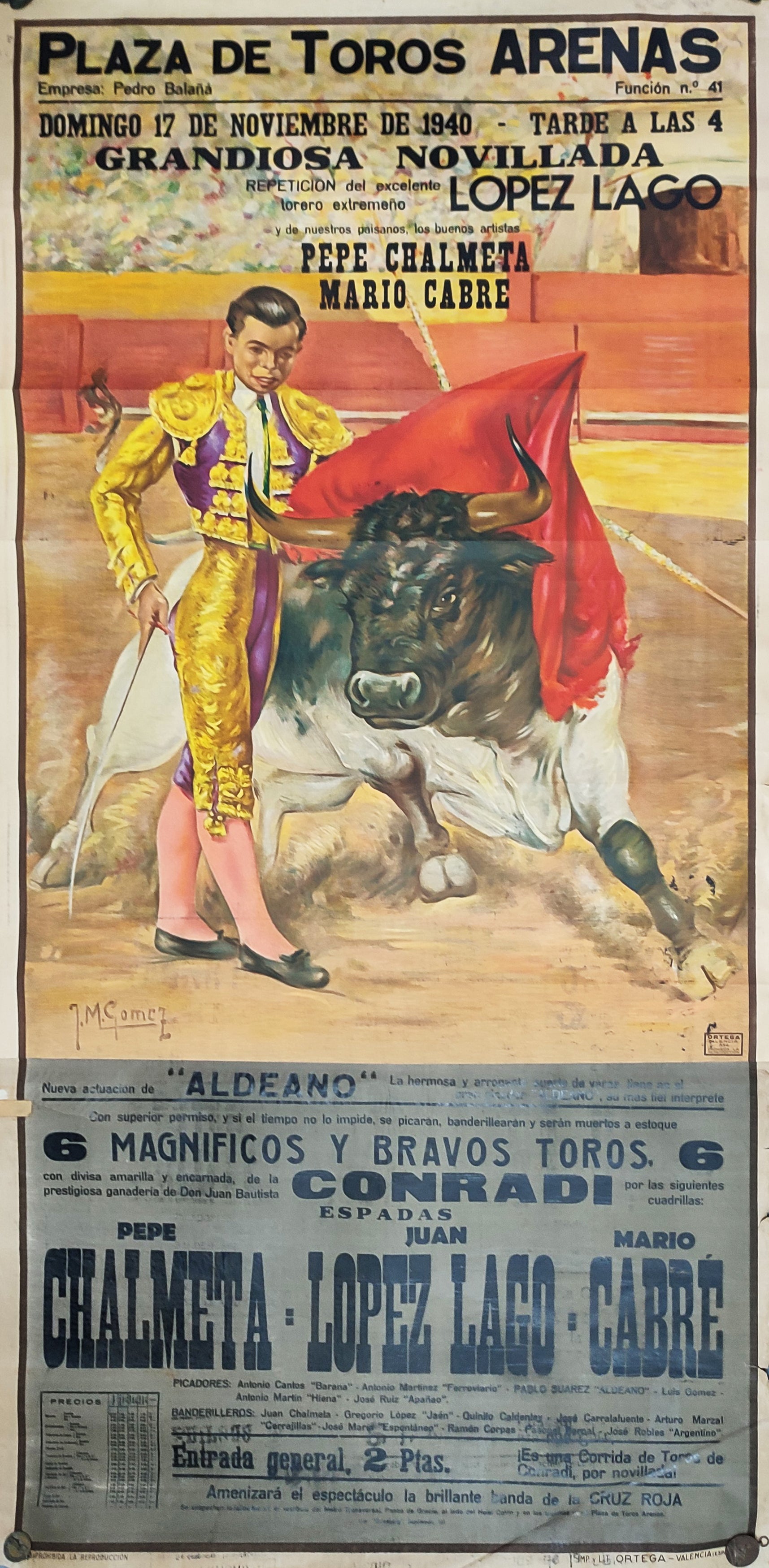 CARTELL CORRIDA_ CHALMETA, LÓPEZ LAGO, CABRÉ / LAS ARENAS, BARCELONA 1940