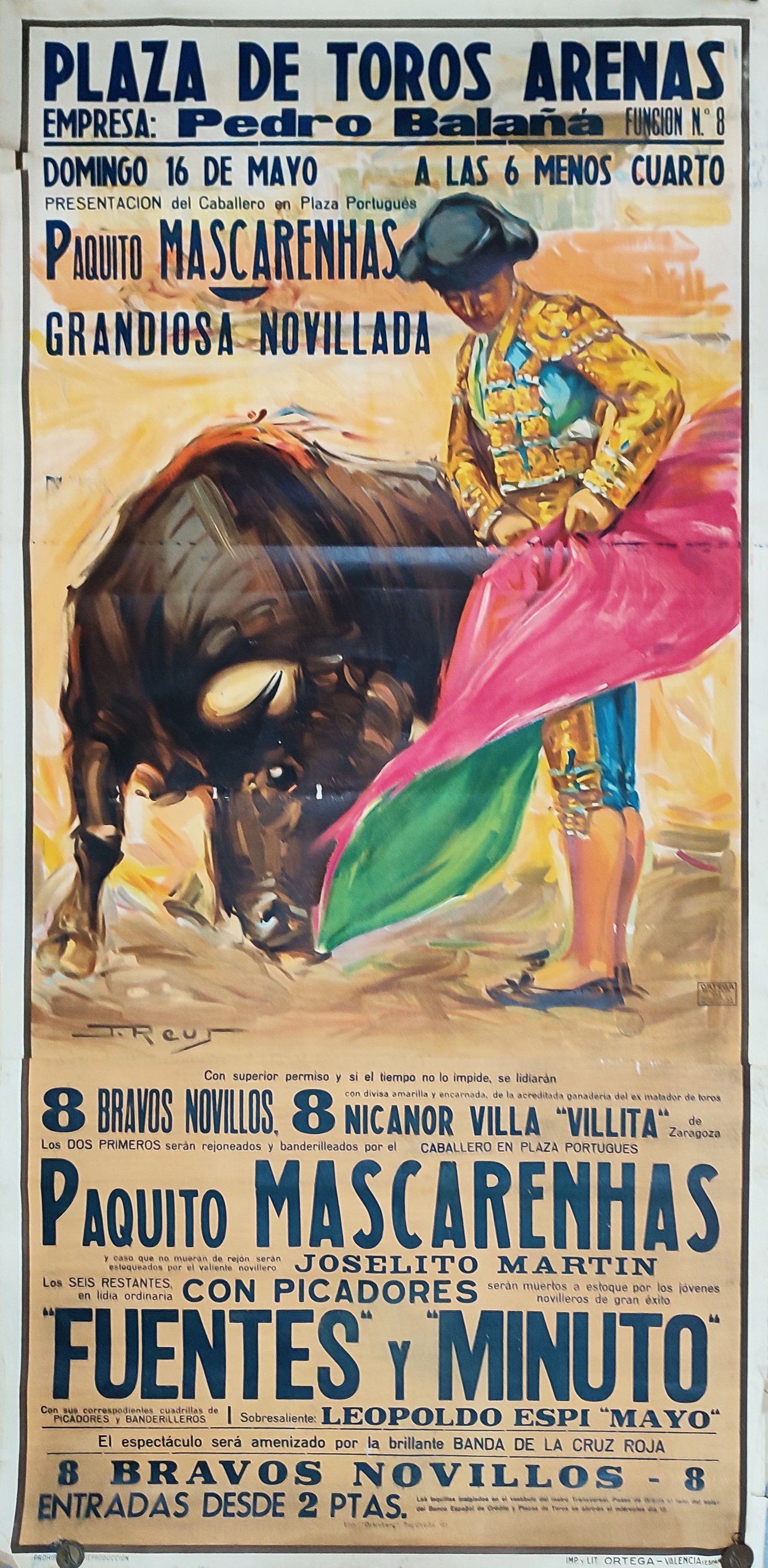 CARTELL CORRIDA_ MASCARENHAS, FUENTES, MINUTO / LAS ARENAS, BARCELONA 1943