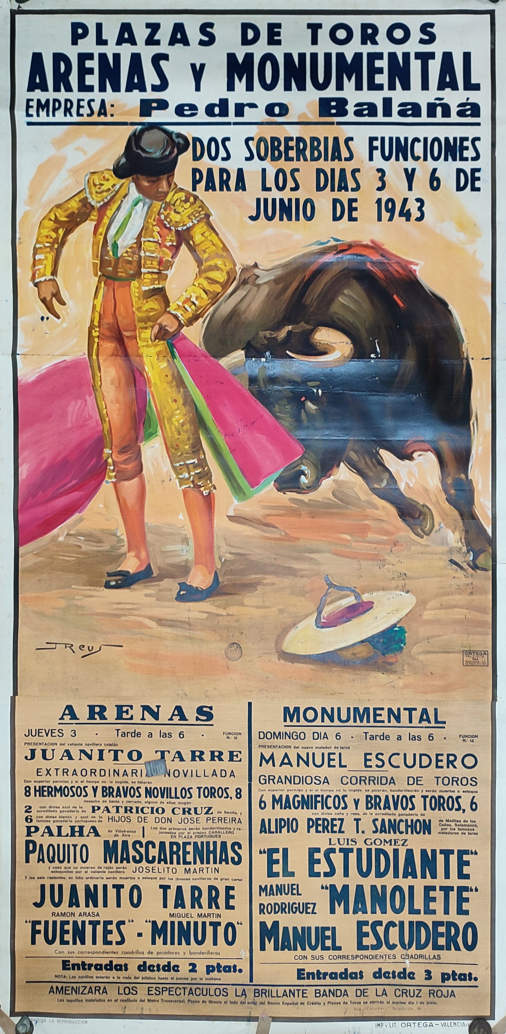 CARTELL DOBLE CORRIDA. MANOLETE, TARRE, EL ESTUDIANTE / LA MONUMENTAL & LAS ARENAS, BARCELONA 1943