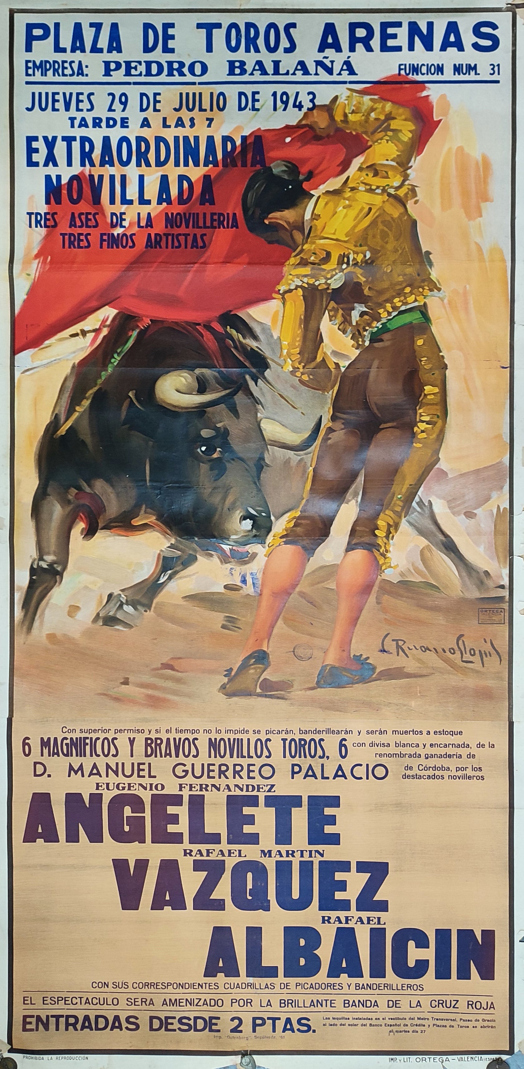 CARTEL DE TOROS_ ANGELETE, VÁZQUEZ, ALBAICÍN / LAS ARENAS, BARCELONA 1943