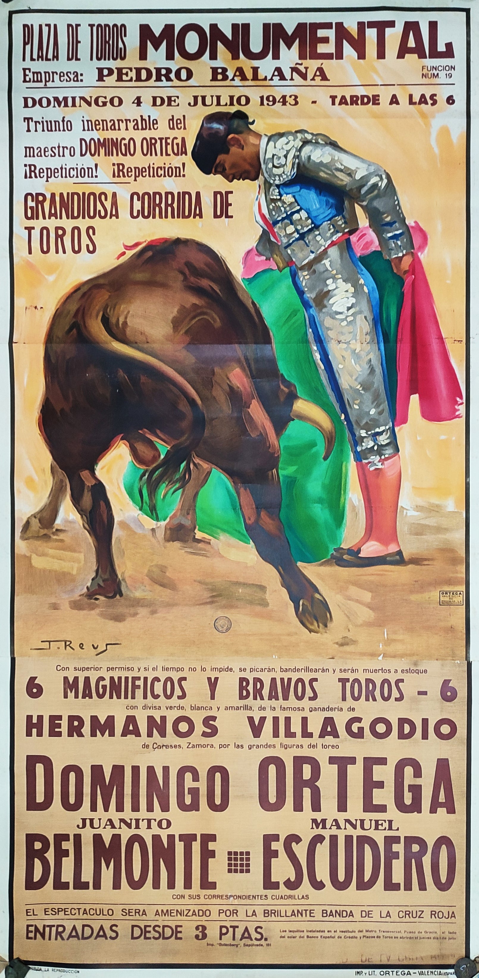CARTEL DE TOROS. DOMINGO ORTEGA, BELMONTE, ESCUDERO / LA MONUMENTAL, BARCELONA 1943