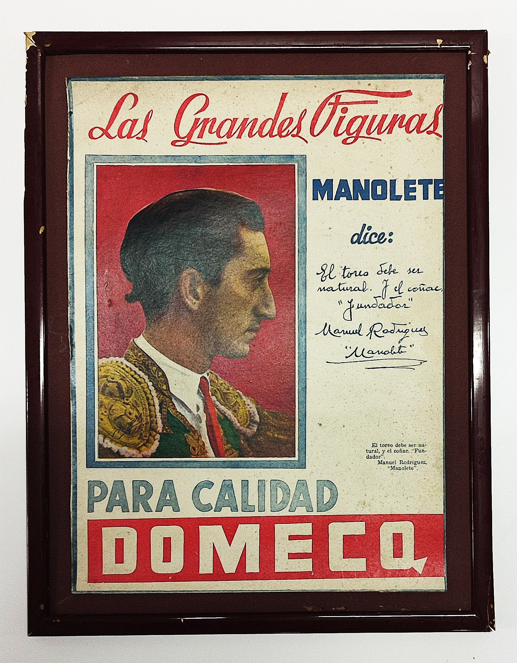 ADVERTISEMENT POSTER. BULLFIGHTER MANOLETE FOR DOMECQ COGNAC. c. 1950