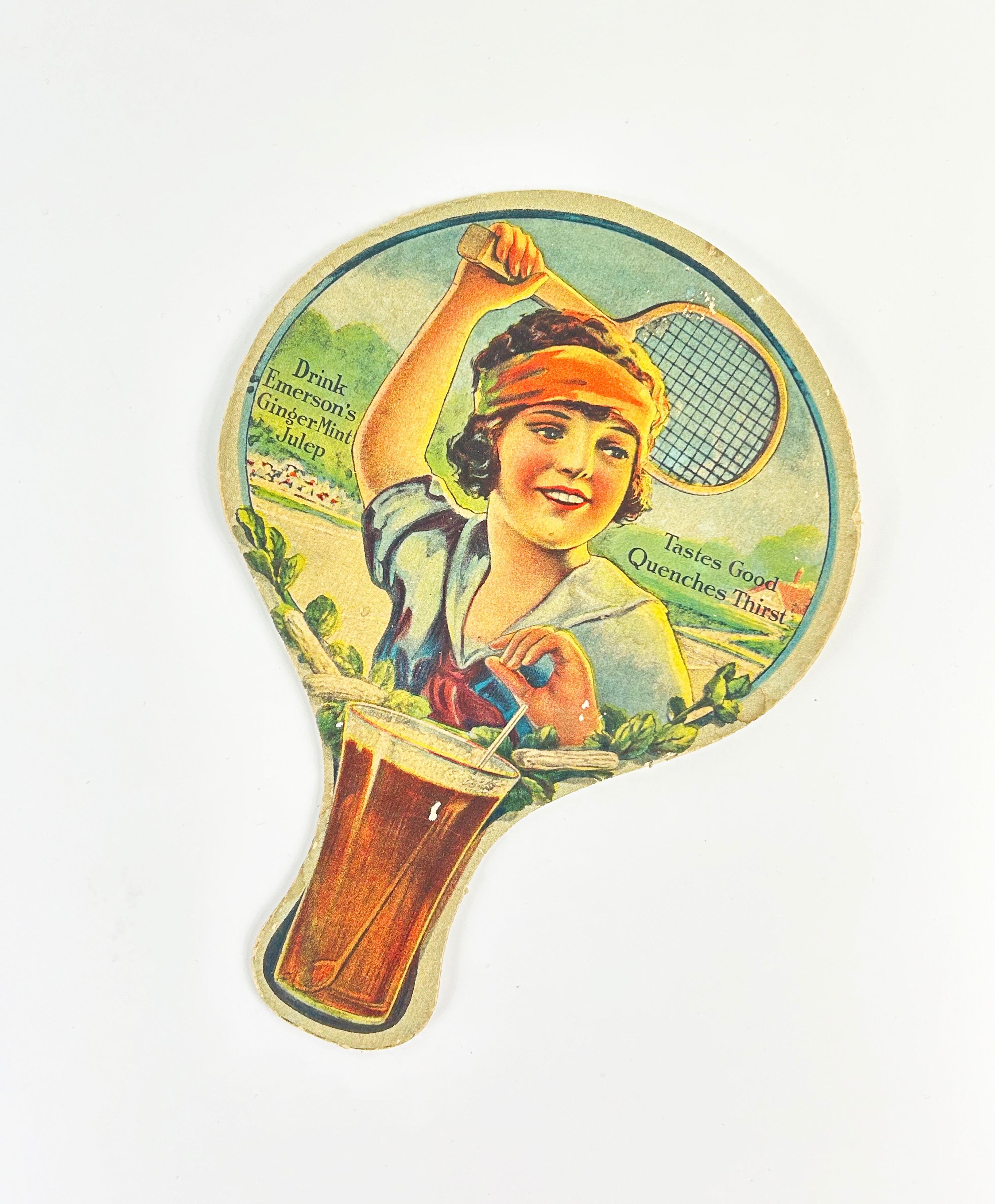 ANTIQUE TENNIS HAND-HELD FAN - EMERSON'S GINGER MINT JULEP. c. 1940
