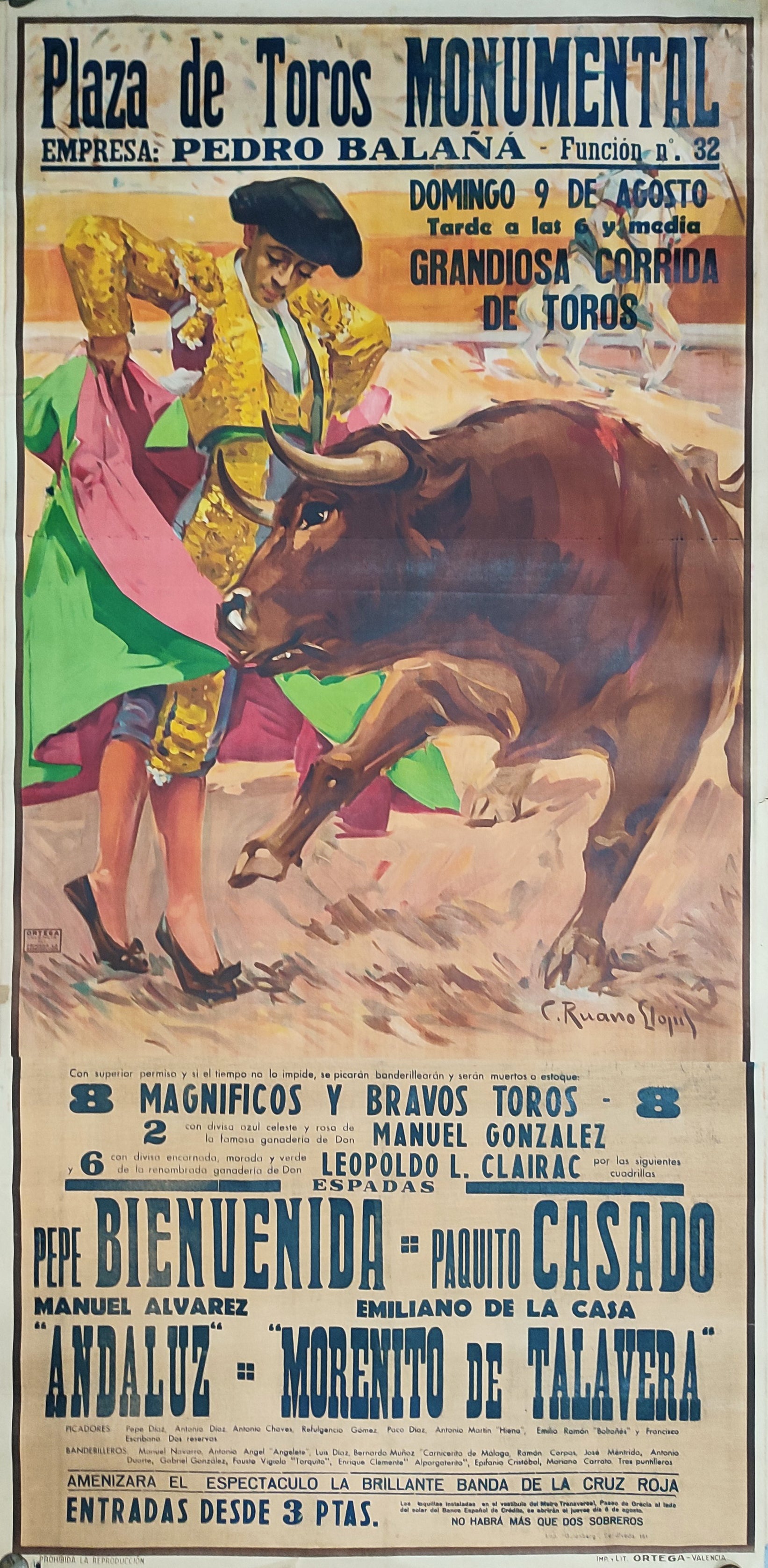 CARTEL DE TOROS. BIENVENIDA, CASADO, ANDALUZ, MORENITO DE TALAVERA / LA MONUMENTAL, BARCELONA 1943
