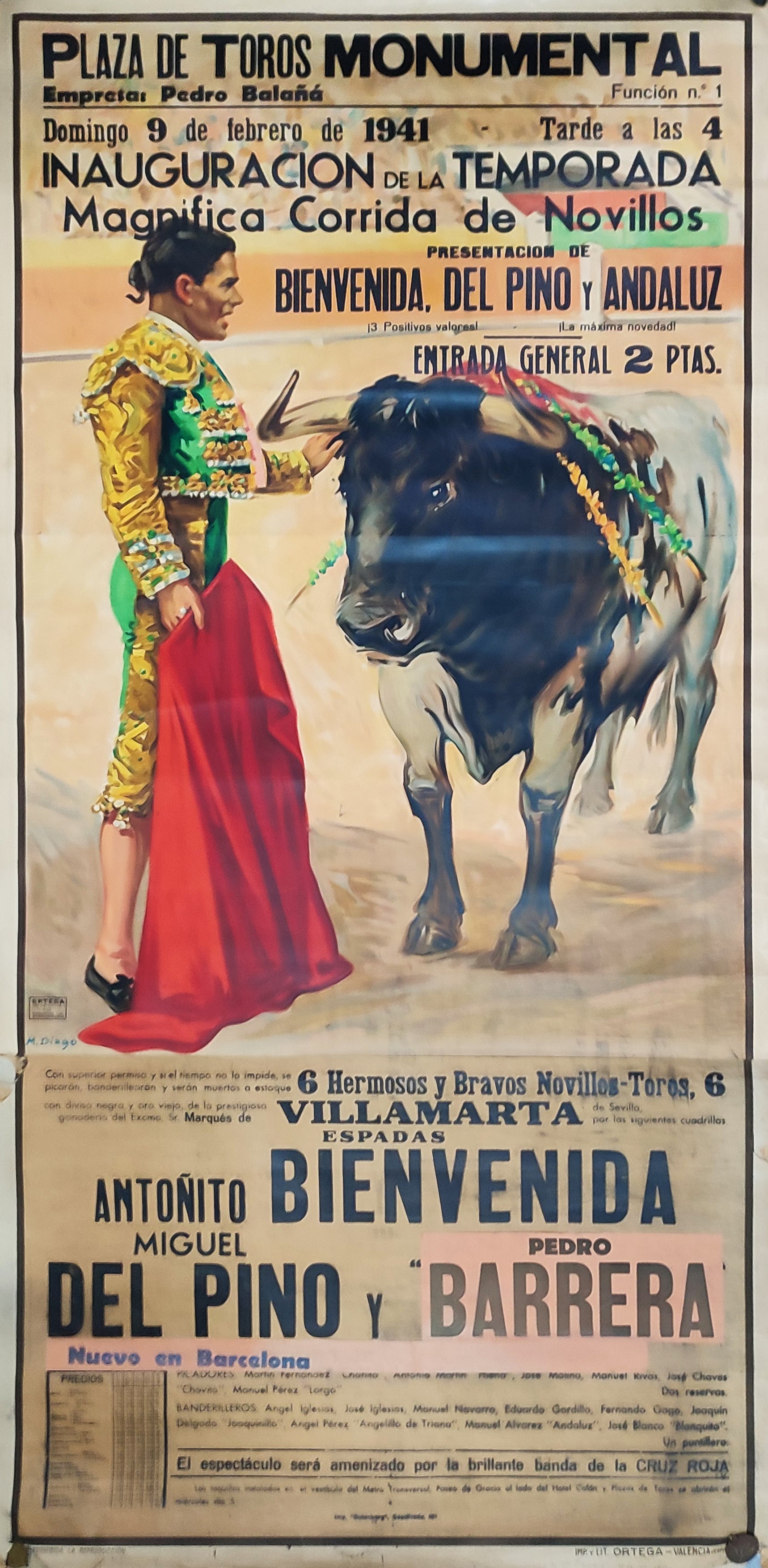 CARTEL DE TOROS. BIENVENIDA, CASADO, DEL PINO, BARRERA / LA MONUMENTAL, BARCELONA 1941