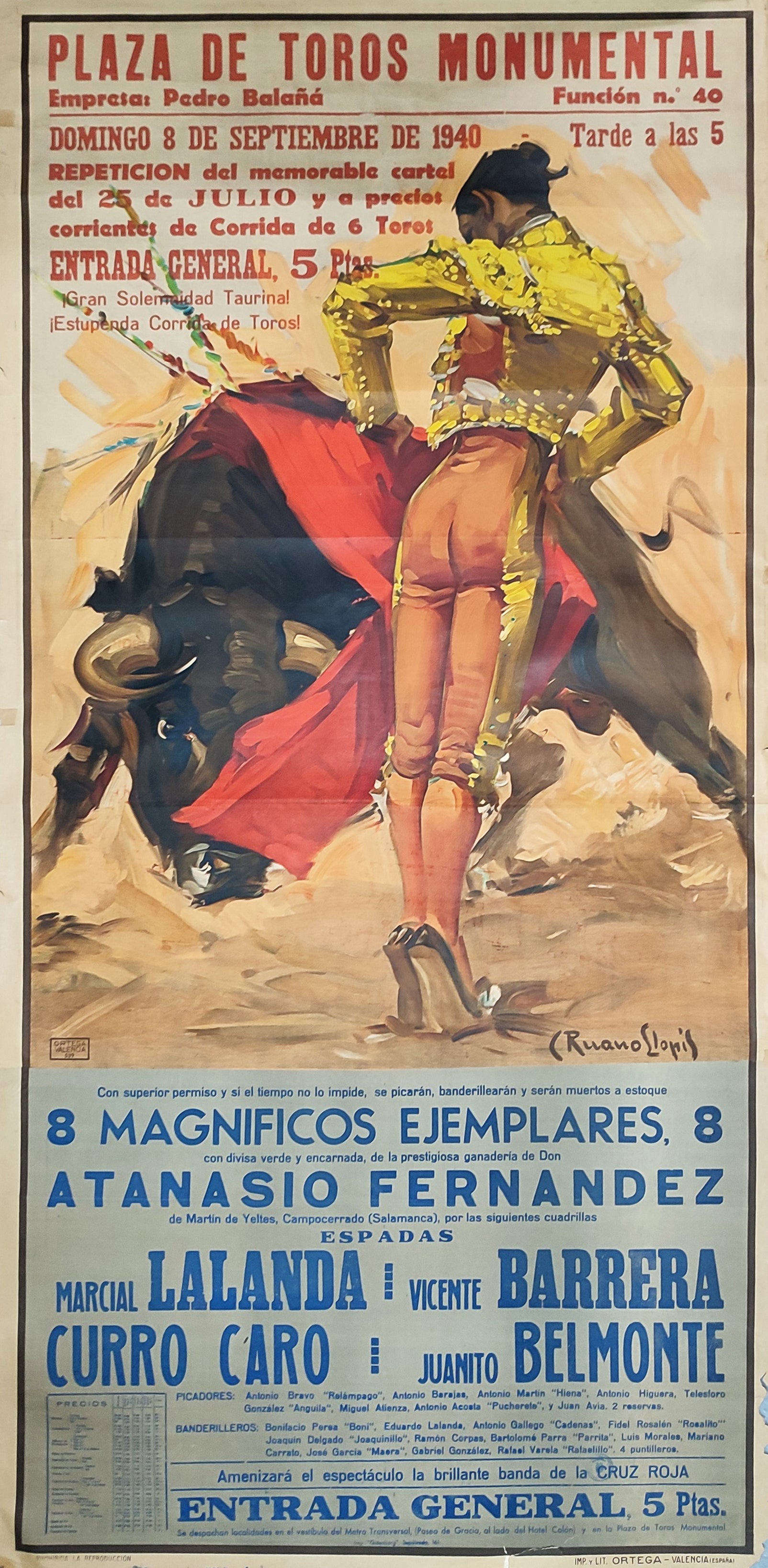 CARTEL DE TOROS. LALANDA, BARRERA, CURRO CLARO, BELMONTE / LA MONUMENTAL, BARCELONA 1940