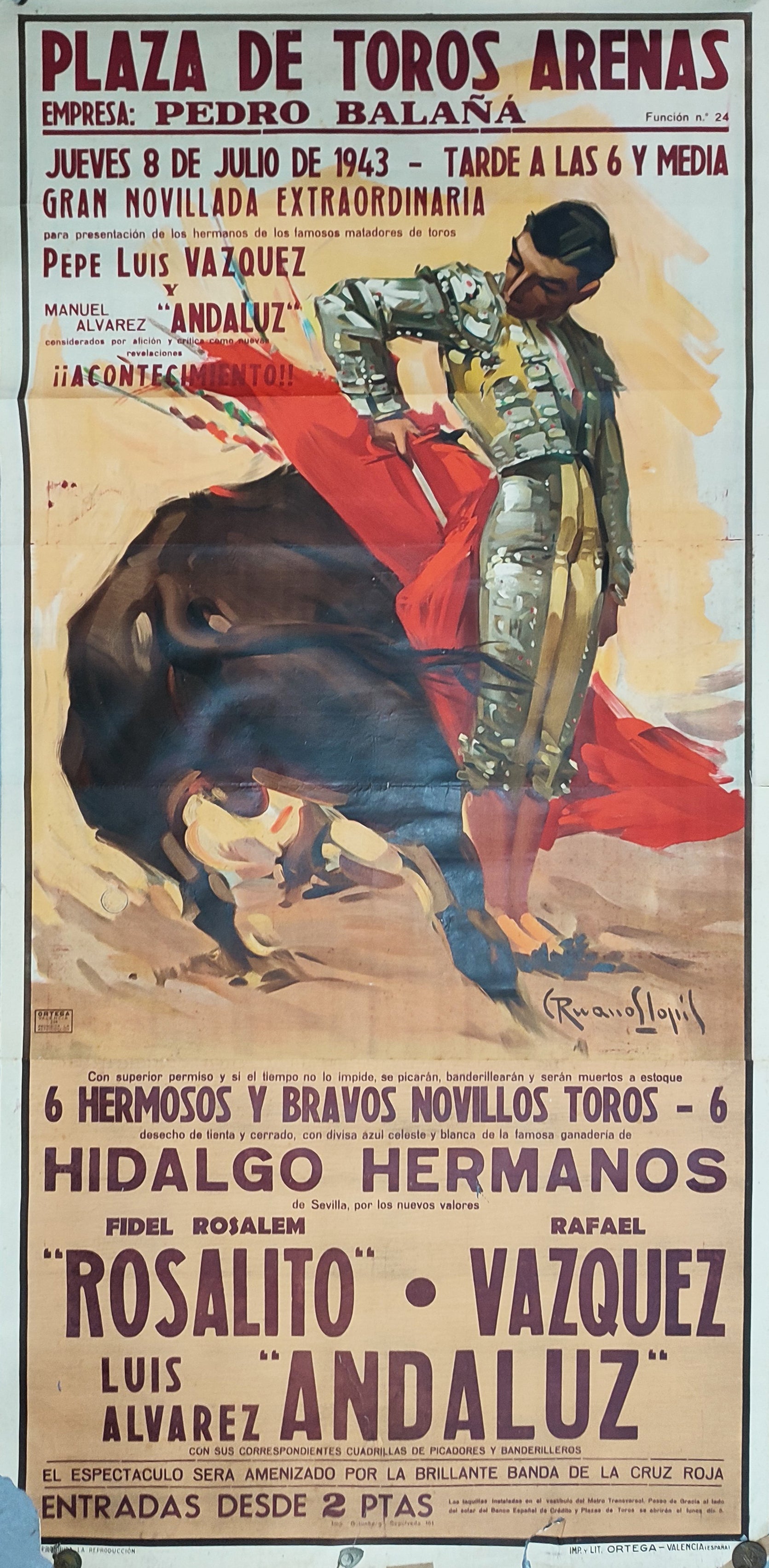 CARTEL DE TOROS. ROSALITO, VÁZQUEZ, ANDALUZ / LAS ARENAS, BARCELONA 1943