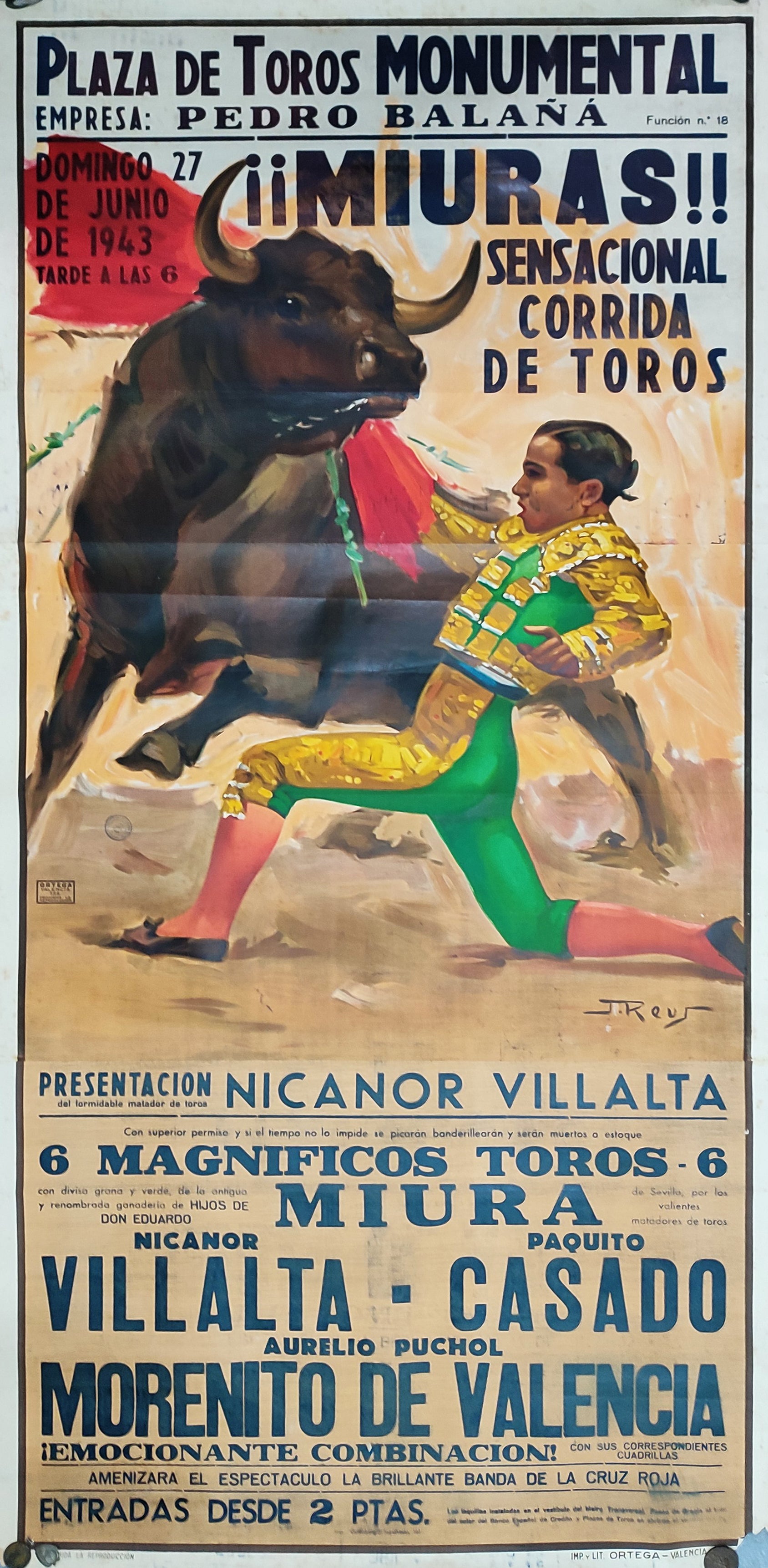 CARTEL DE TOROS. VILLALTA, CASADO, MORENITO DE VALENCIA / LA MONUMENTAL, BARCELONA 1943