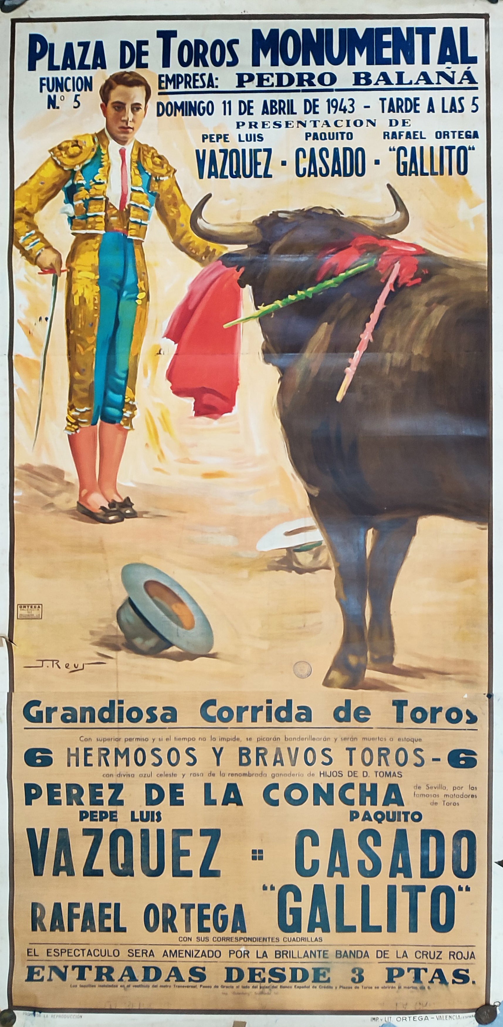 CARTEL DE TOROS. VÁZQUEZ, CASADO, GALLITO / LA MONUMENTAL, BARCELONA 1943