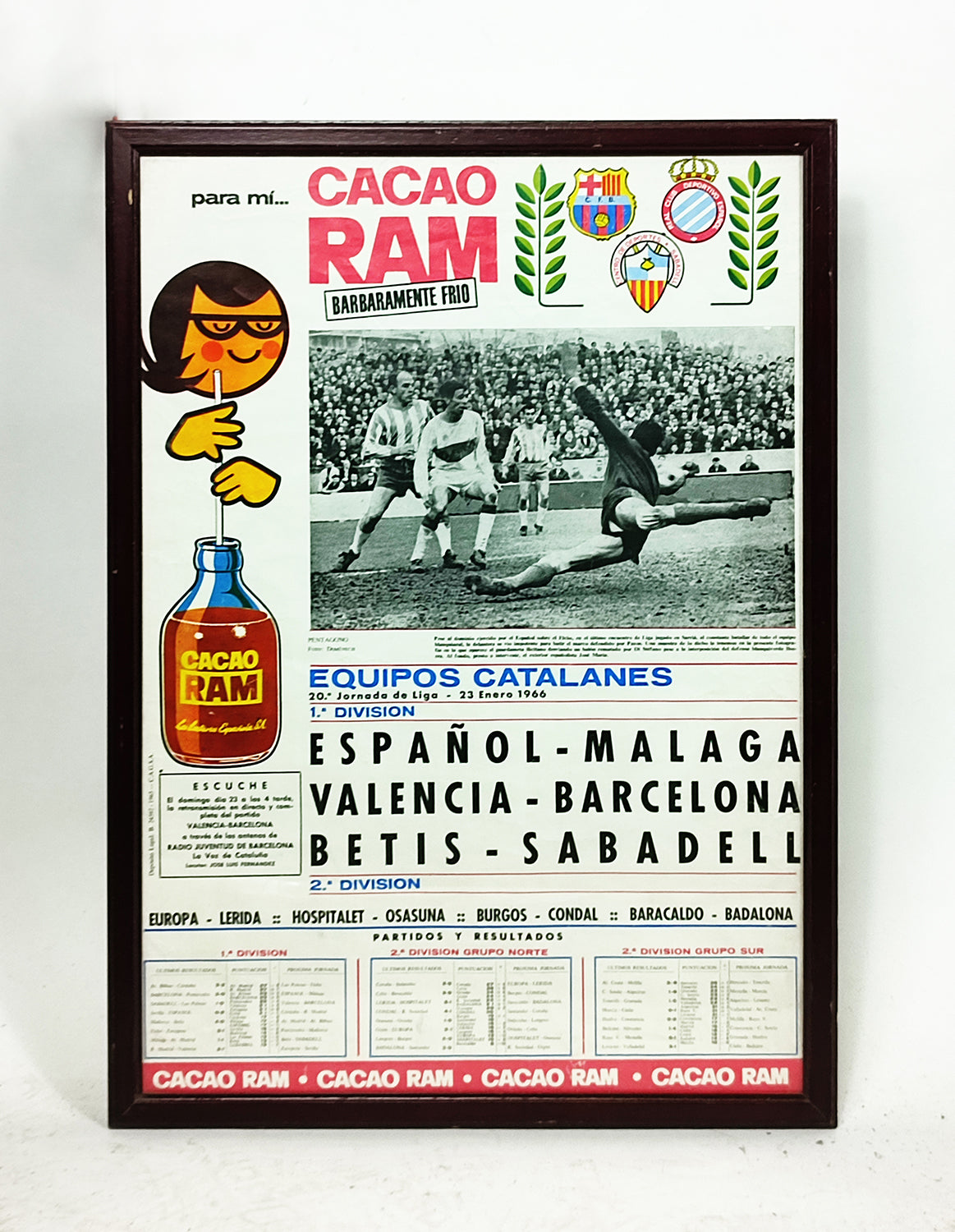 CARTEL DE CACAO CARNE PARA PARTIDOS DE EQUIPOS CATALANES DE LA LIGA, 1966