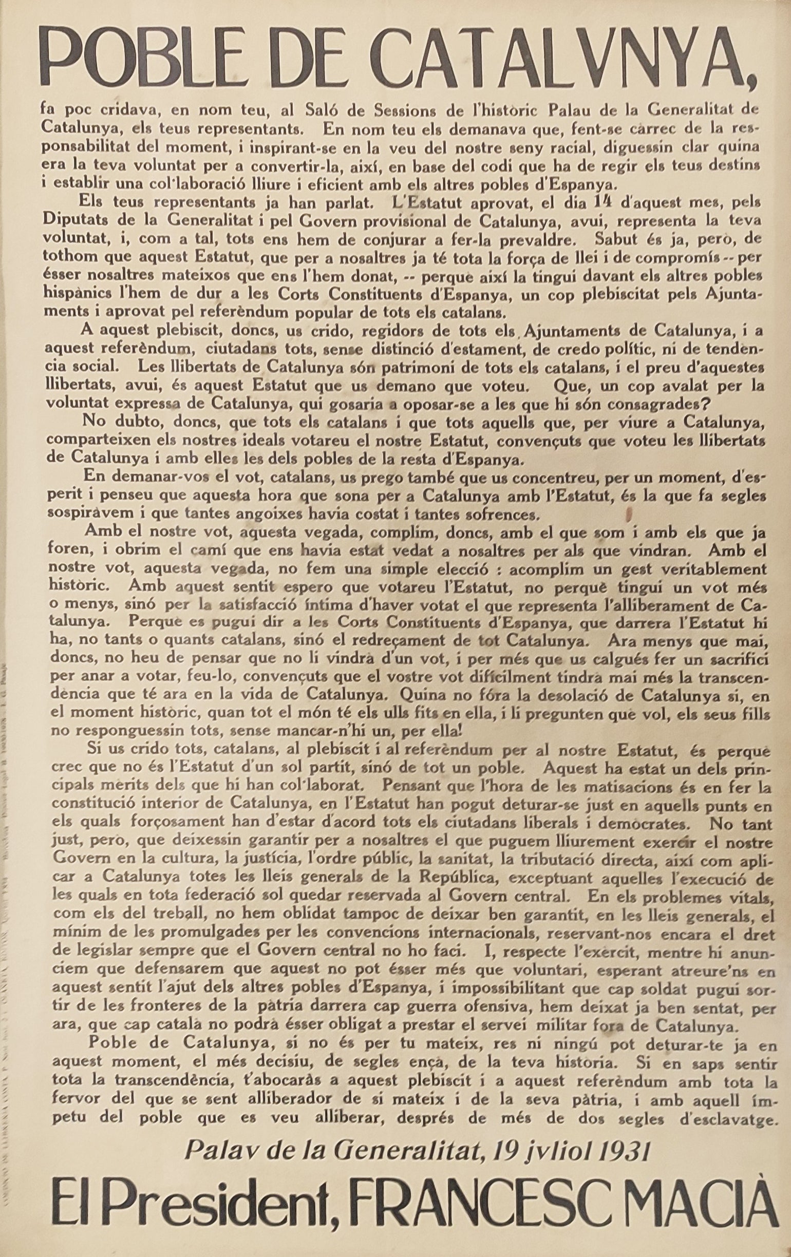 ESTATUT DE CATALUNYA - LETTER BY FRANCESC MACIÀ. 1931