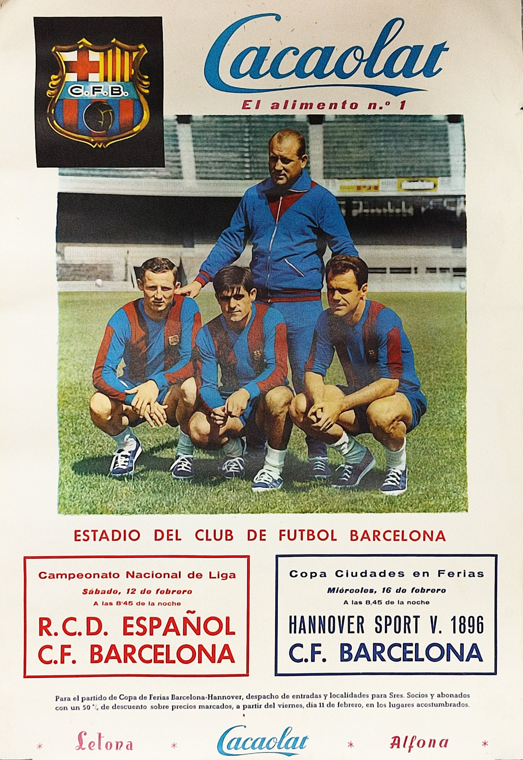 CARTEL FC BARCELONA - ESPANYOL HANNOVER. PUBLICIDAD DE CACAOLAT. 1966