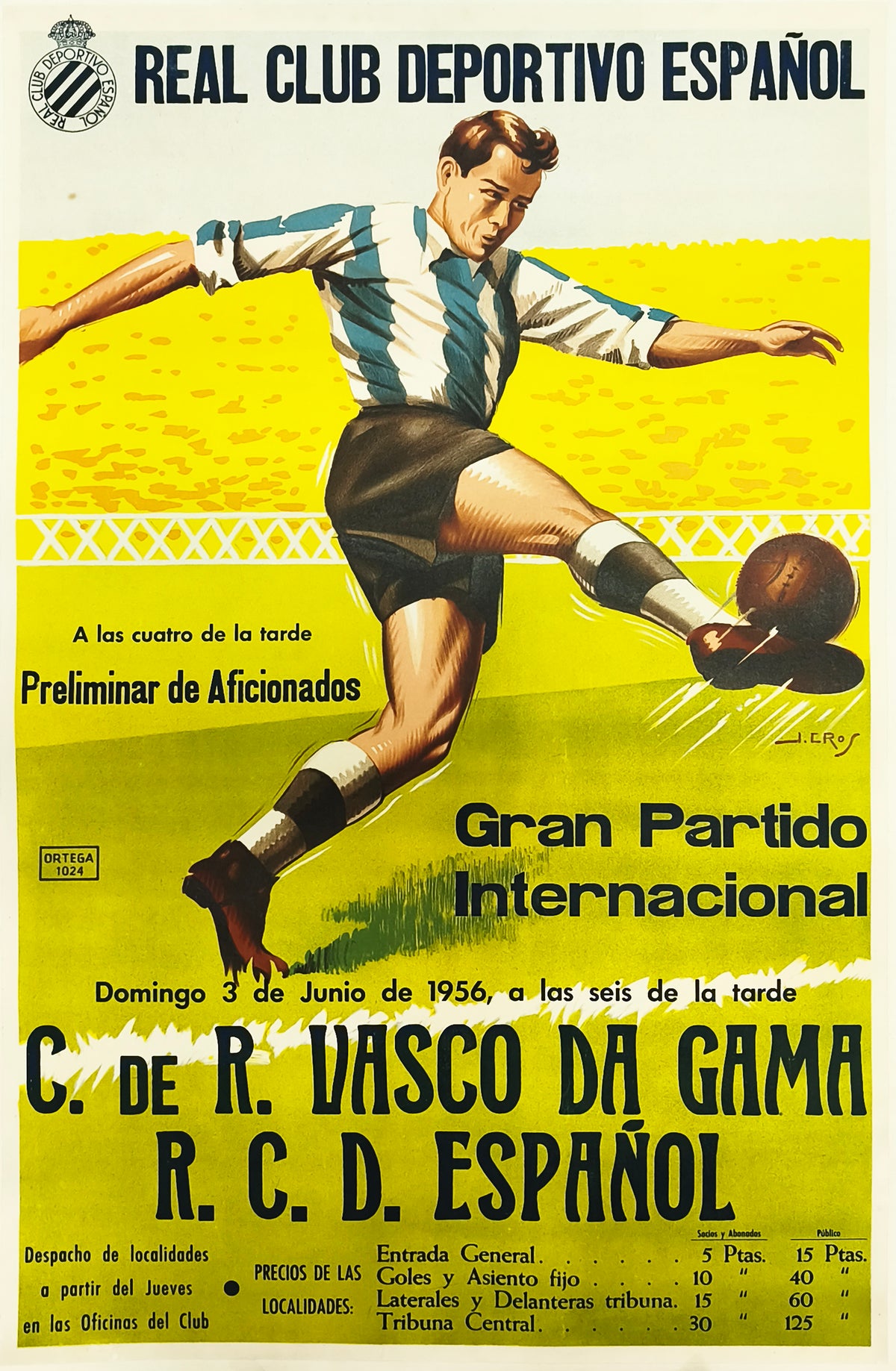 'REAL CLUB DEPORTIVO ESPAÑOL. GRAN PARTIDO INTERNACIONAL' - CARTEL R. C. D. ESPAÑOL VS C.R. VASCO DA GAMA FOOTBALL. 1956
