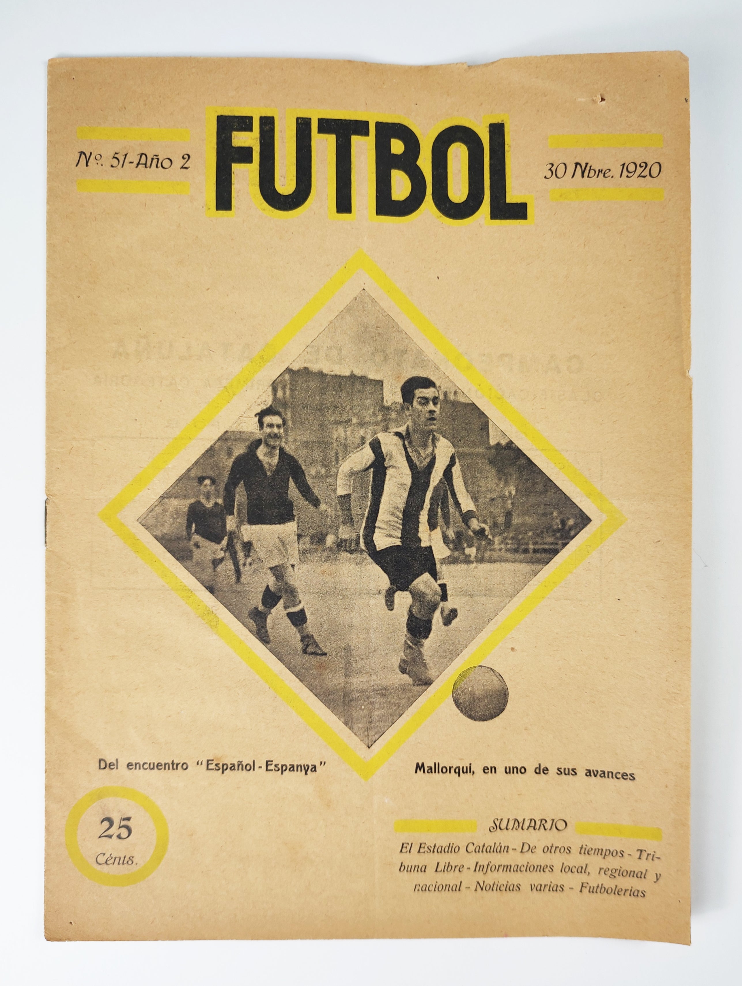PARTIDO RCD ESPANYOL-ESPAÑA EN LA REVISTA 'FUTBOL'. 1920